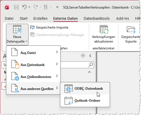 Öffnen des Assistenten für ODBC-Datenbanken