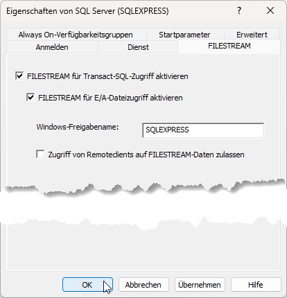 Eigenschaften mit dem FILESTREAM-Bereich