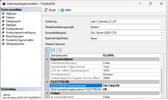 Anlegen eines Verzeichnisses für die FileStream-Datenbank