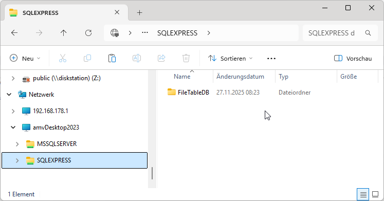 Das Verzeichnis für die FileTable-Datenbank