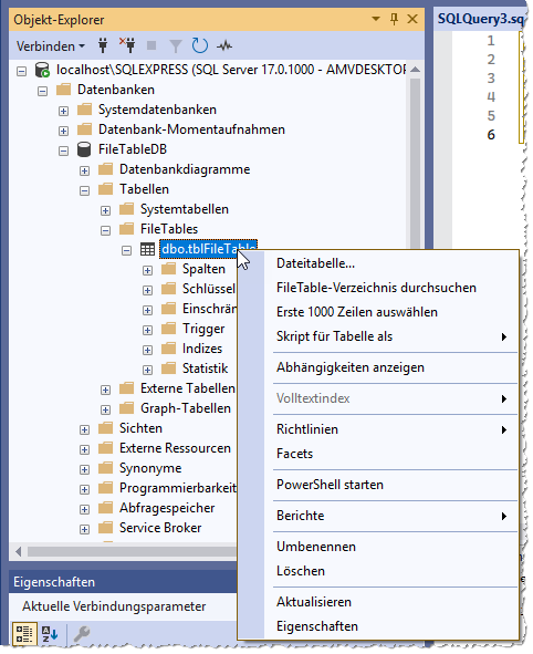 Kontextmenü einer FileTable-Tabelle