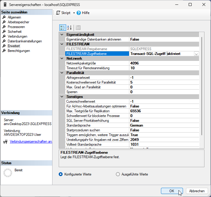 FILESTREAM in den SQL Server-Eigenschaften im SQL Server Management Studio