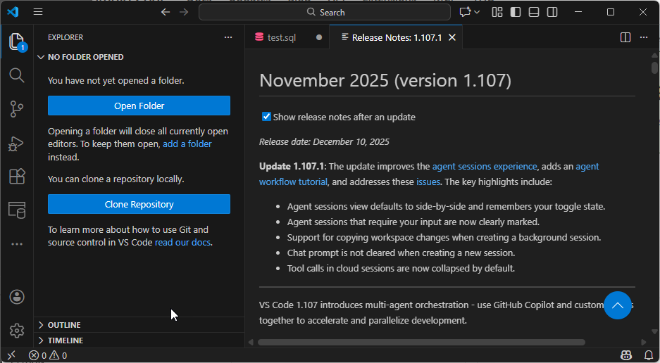 Visual Studio Code direkt nach dem Start