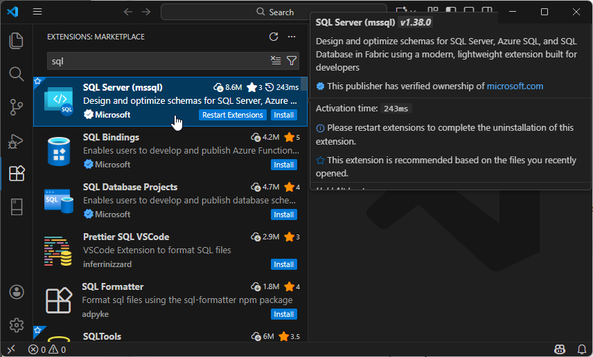Installieren der SQL Server-Erweiterung