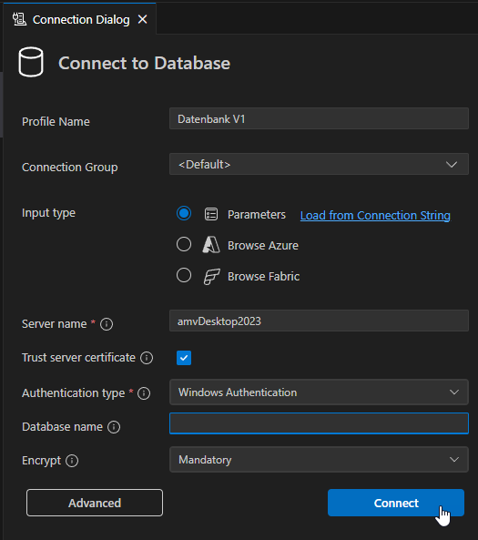Eingabe der Verbindungsdaten für die erste Datenbank
