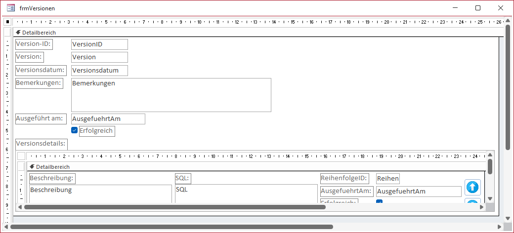 Haupt- und Unterformular zum Verwalten der Versionen und Versionsdetails