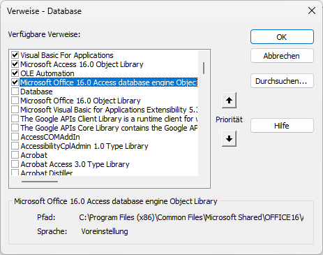 Standardmäßig aktivierte Verweise