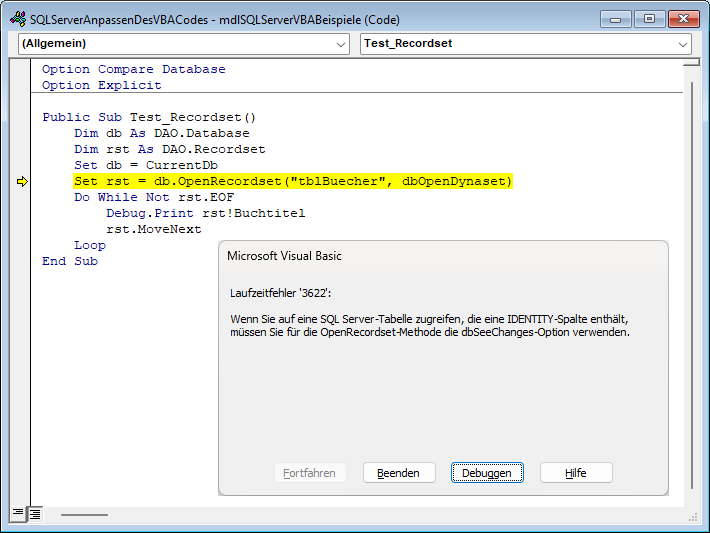 Fehler in der OpenRecordset-Methode