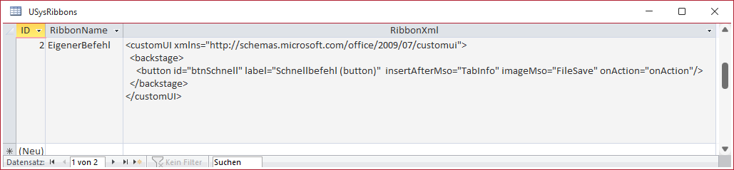 Ribbon-Definition für eine neue Schaltfläche im Backstage-Bereich