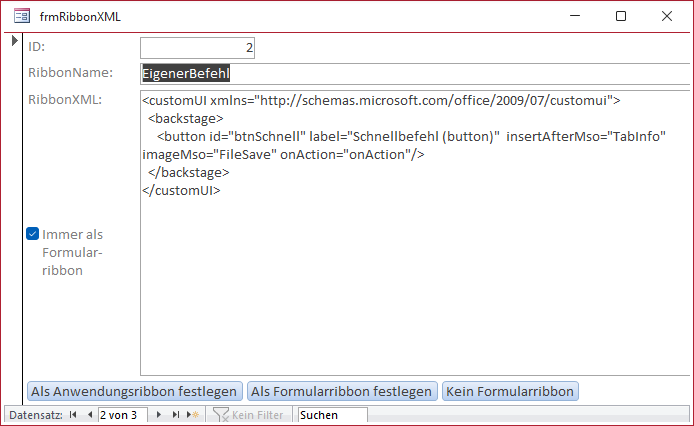 Formular zum Bearbeiten der Ribbon-Definitionen