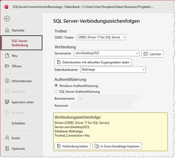 Der Backstage-Tab SQL Server-Verbindung in Access