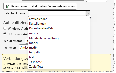 Datenbankname-ComboBox nach dem Laden der verfügbaren Datenbanken