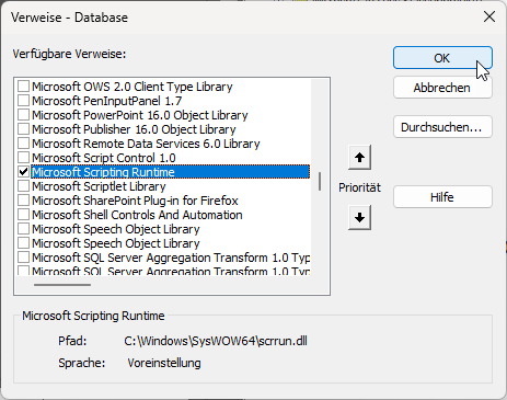 Verweis auf die Bibliothek Microsoft Scripting Runtime