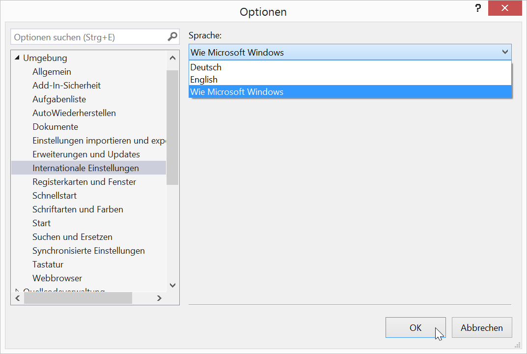 Einstellen der Sprache der Entwicklungsumgebung