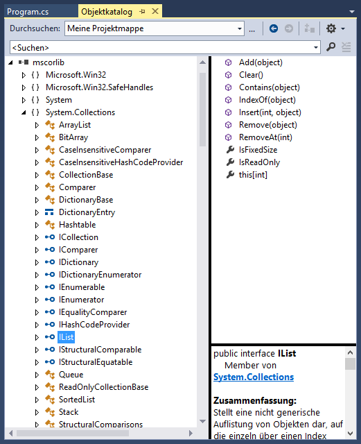 Schnittstelle einer Auflistungsklasse im Objektkatalog