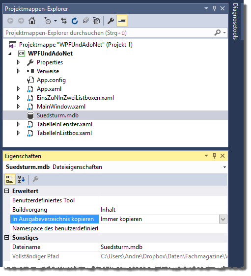 Die Datenbank soll beim Debuggen jeweils erneut ins Debug-Verzeichnis kopiert werden.