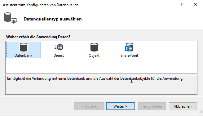 Der erste Schritt im Assistent zum Konfigurieren von Datenquellen
