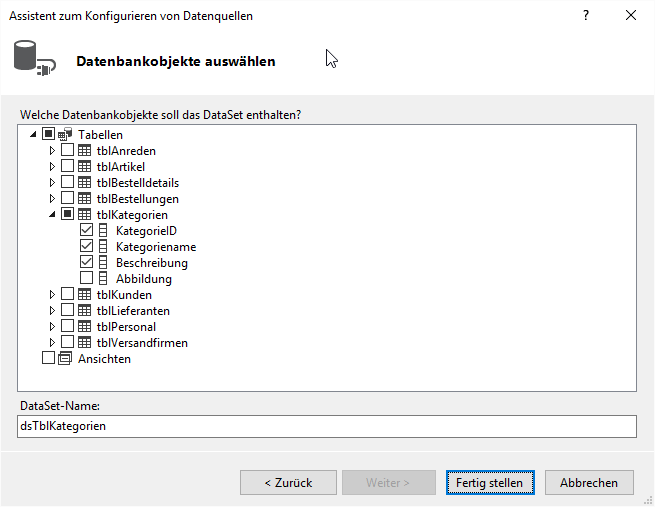 Auswahl der Tabellen/Datenbankobjekte für ein DataSet