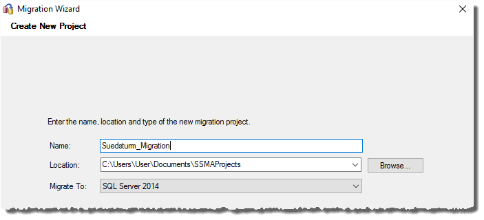 Angabe des Namens des Migrationsprojekts und des Speicherortes