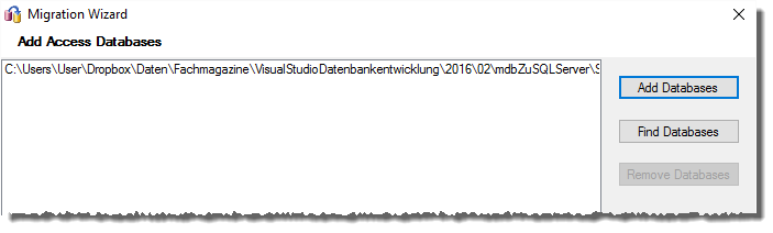 Hinzufügen der zu migrierenden Access-Datenbank