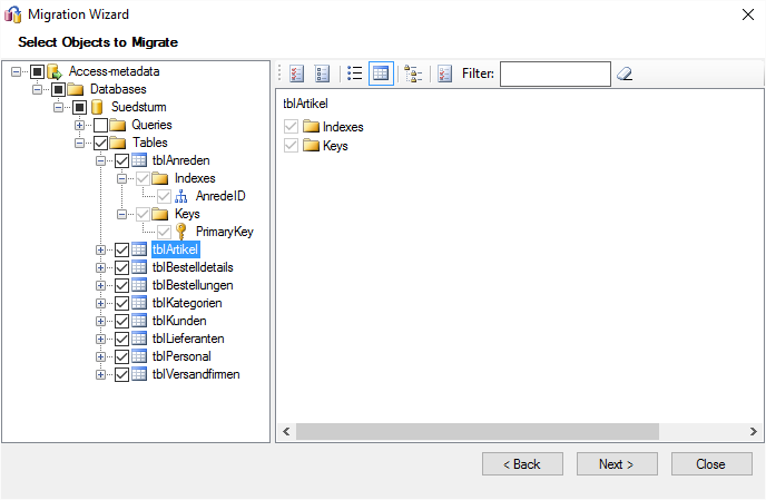 Auswahl der zu migrierenden Tabellen und Felder sowie ihrer Eigenschaften