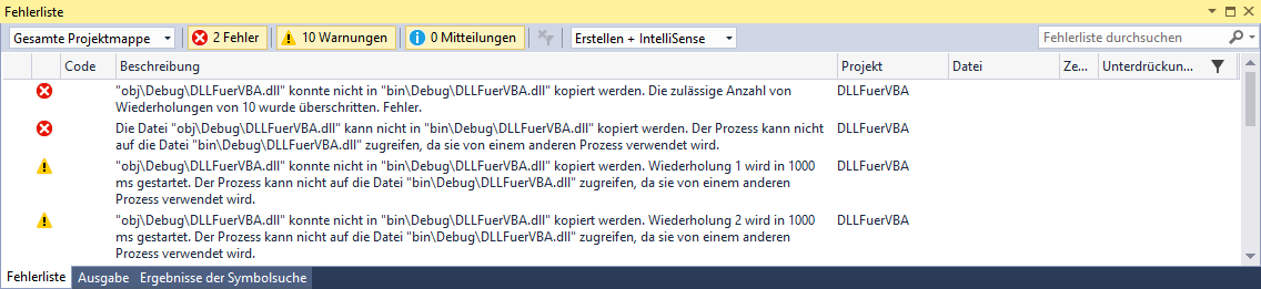 Fehler beim Versuch, eine aktuell in Verwendung befindliche DLL neu zu erstellen