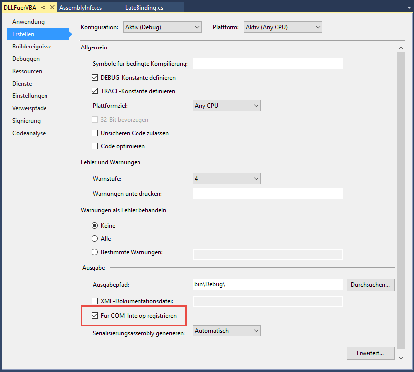 Einstellen der Option Für COM-Interop registrieren