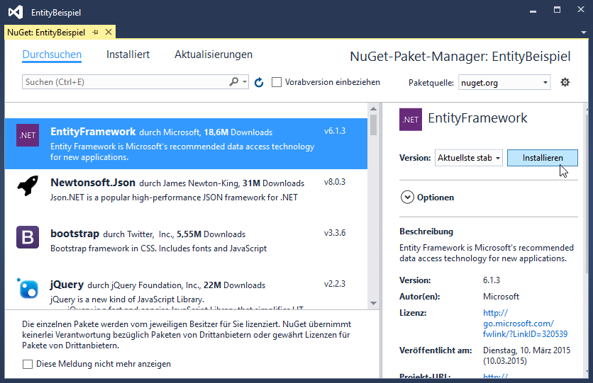 Hinzufügen des Entity Frameworks