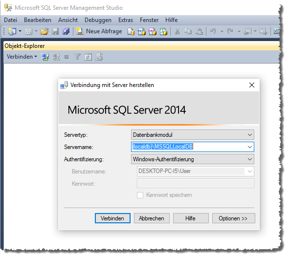 Mit dem SQL Server verbinden - hier mit LocalDB