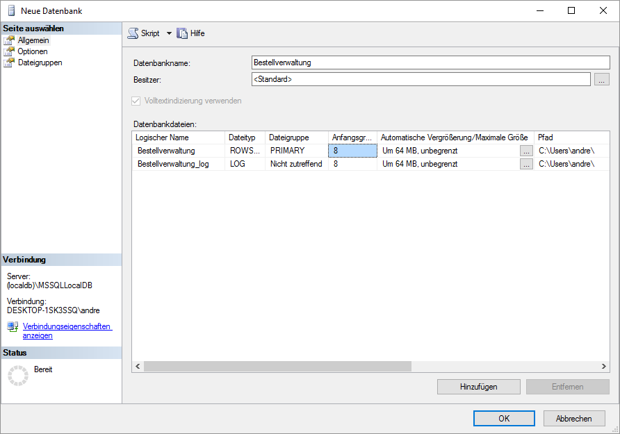 Angabe des Datenbanknamens