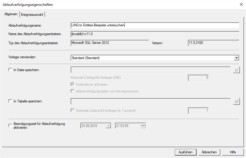 Eingabe der Ablaufverfolgungseigenschaften