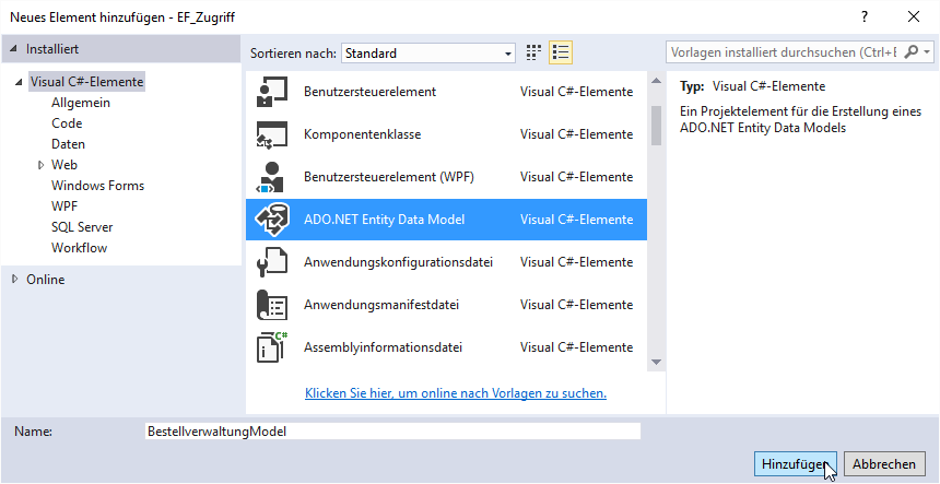 Hinzufügen eines neuen Entity Data Models