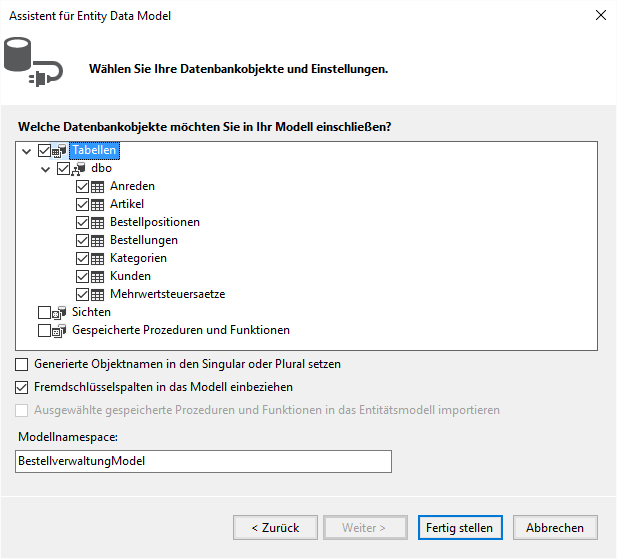 Auswahl der zu verwendenden Datenbankobjekte