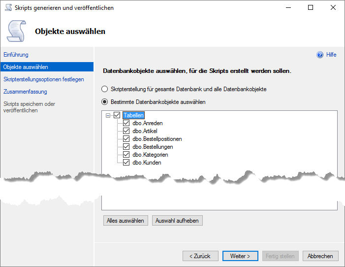Auswahl der zu exportierenden Datenbankobjekte
