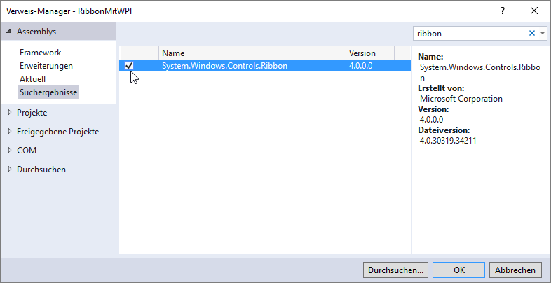 Hinzufügen einer Referenz auf die Bibliothek System.Windows.Controls.Ribbon