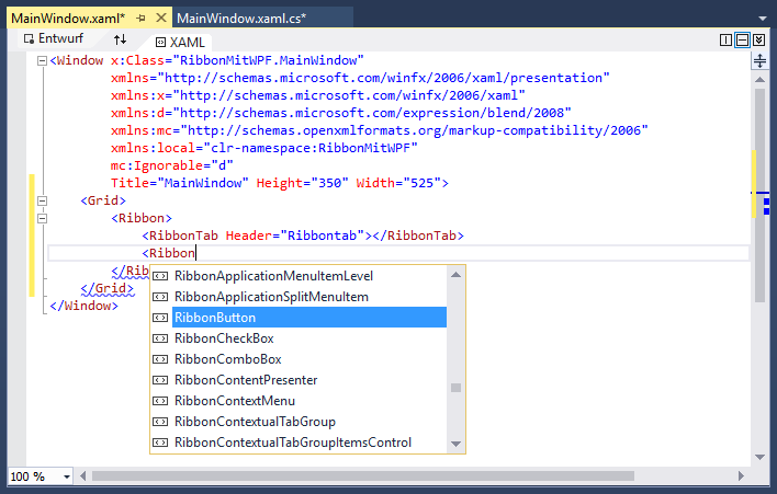 Zugriff auf die Ribbon-Elemente per IntelliSense