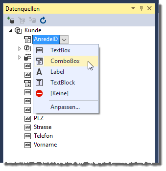 Vorkonfigurieren des Feldes AnredeID als Kombinationsfeld