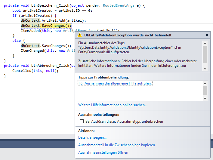 Ausnahme beim Versuch, Daten ohne Füllen eines Feldes zu speichern, das keine Nullwerte akzeptiert