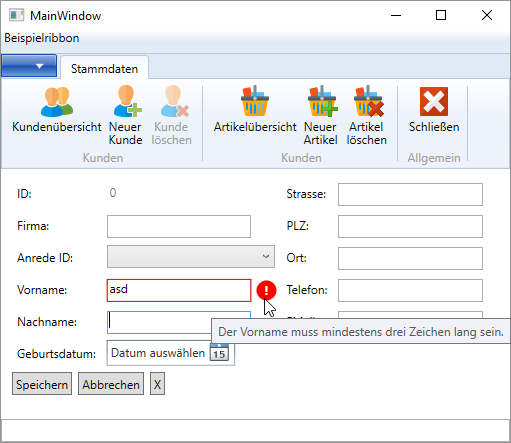 Beispiel für eine einfache Validierungsmeldung