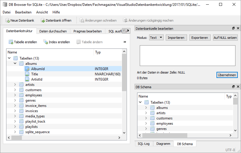 Fenster des SQLite-Tools DB Browser for SQLite