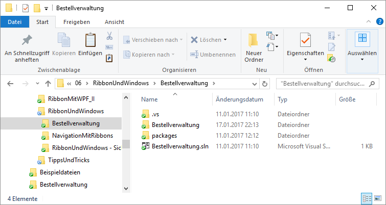 Projektordner mit .sln-Datei und Unterordnern