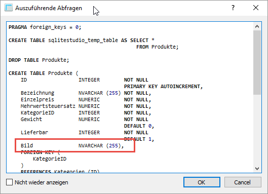 SQL-Anweisung zum Anlegen der Tabelle mit dem Feld Bild