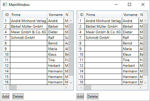 Beispiel für an ein List- und ein ObservableCollection-Objekt gebundene DataGrid-Steuerelemente