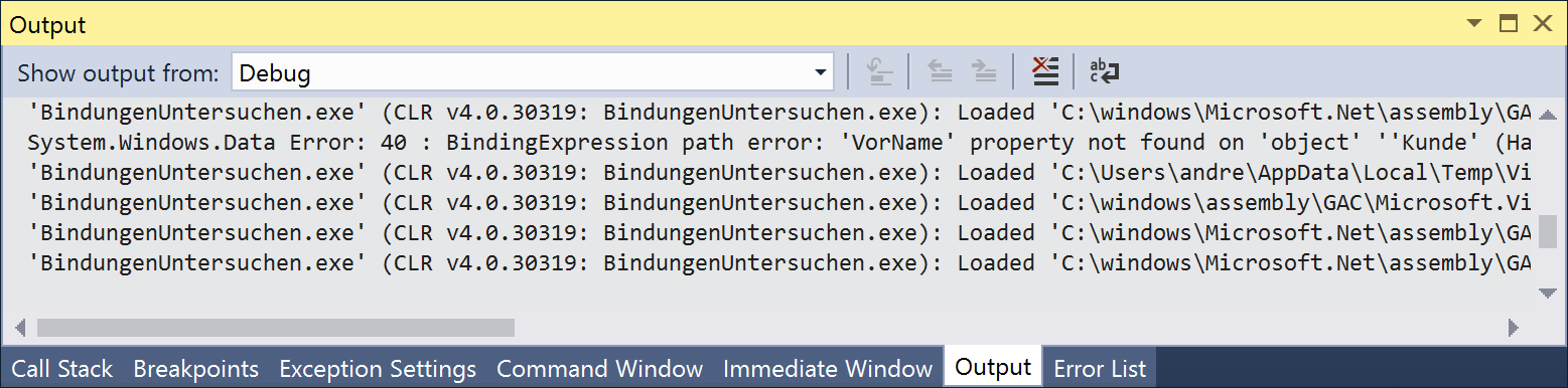 Das Ausgabe-Fenster mit der gesuchten Meldung