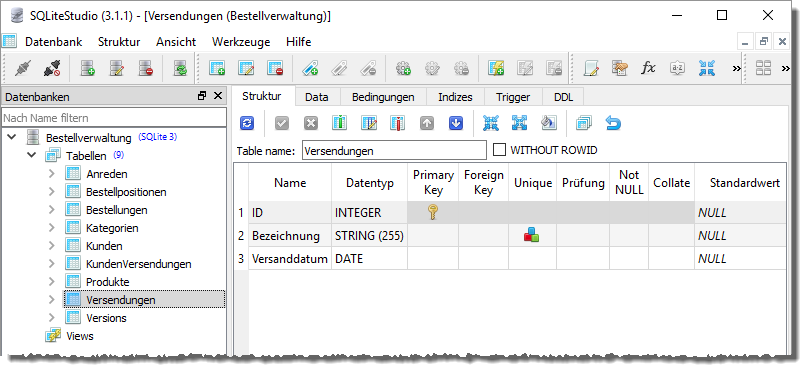 Anlegen der neuen Tabelle Versendungen
