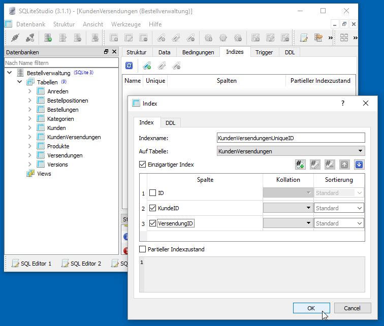 Anlegen eines zusammengesetzten, eindeutigen Schlüssels über die beiden Felder KundeID und VersendungID