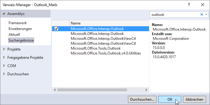 Erweitern der Verweise des Projekts um die Outlook-Bibliothek