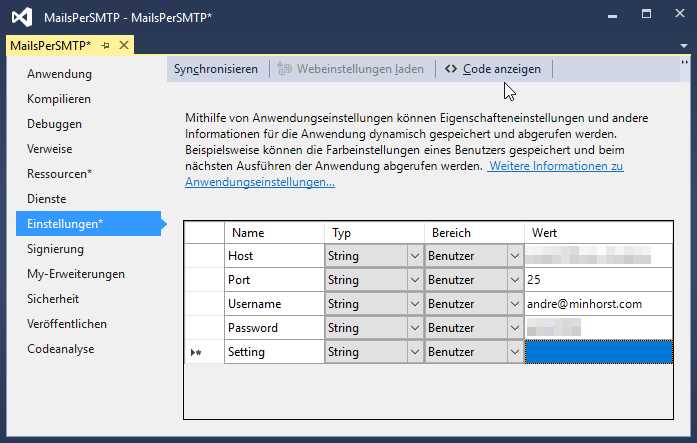 Anlegen der Konfigurationsdaten