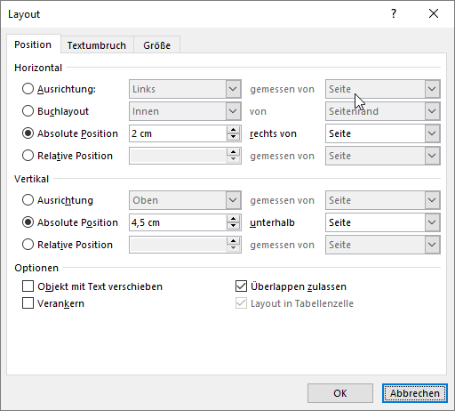 Position des Textfelds