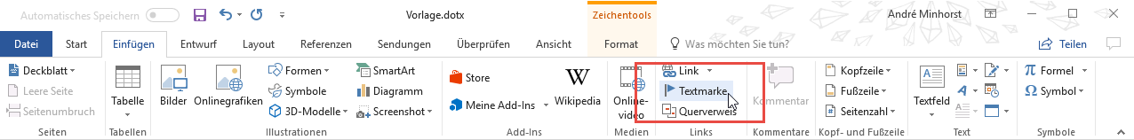 Einfügen einer Textmarke über das Ribbon